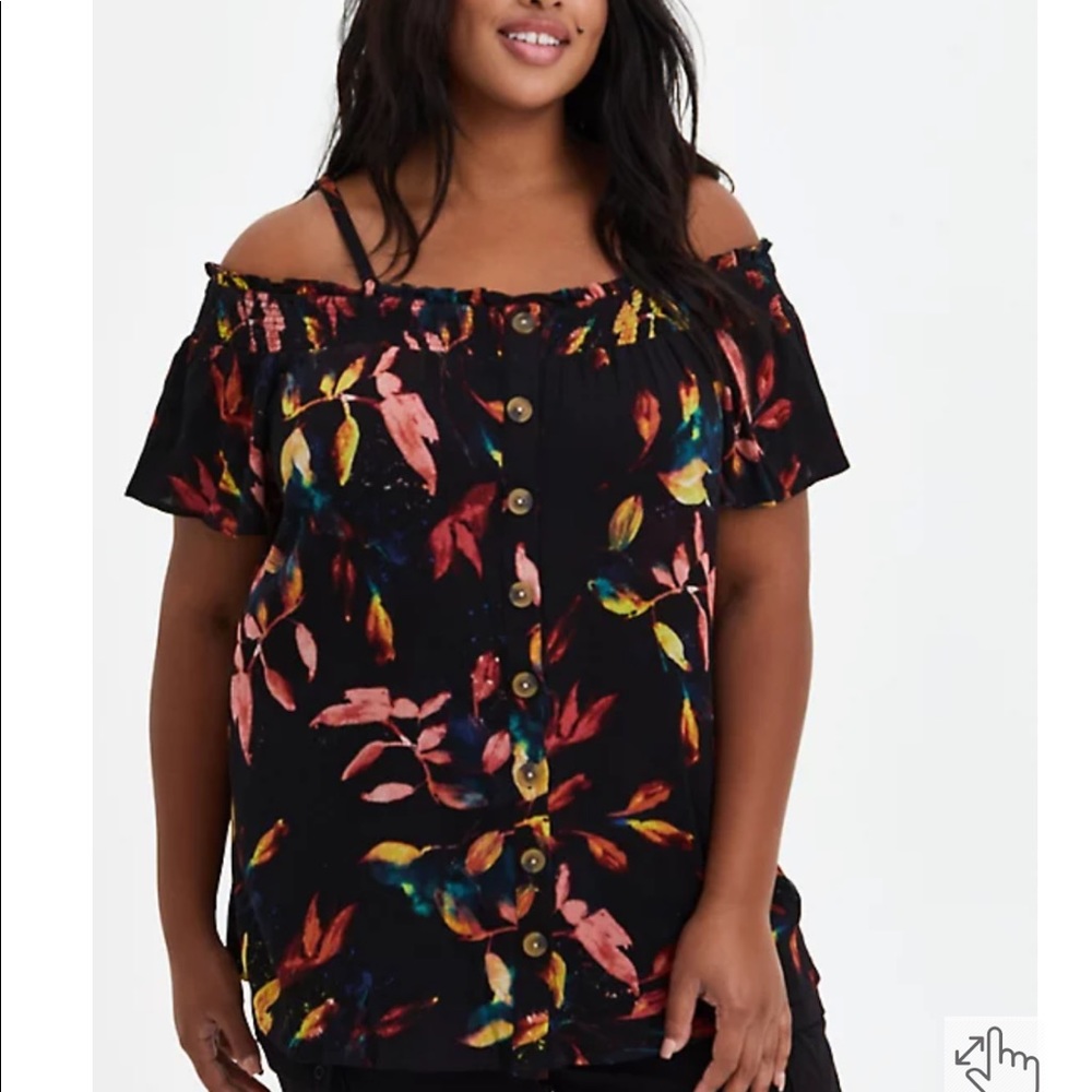 Torrid Smocked Cold-Shoulder Blouse Gauze Leaf Black NWT